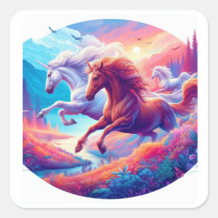 Twee kleurrijke eenhoorns vierkante sticker