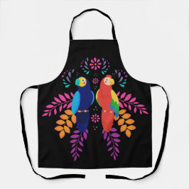 Twee kleurrijke kaketoes één blauw en één sinaasap schort