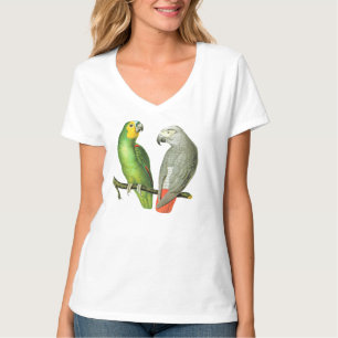 Twee kleurrijke  parrots op de T-shirt van de vrou