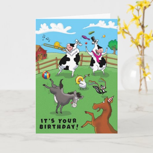 Twee Koeien en een verjaardagsfeestje Kaart (Gele Bloem)