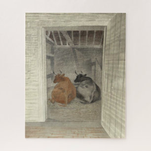 Twee Koeien in een stal (door Eric Ravilious) Legpuzzel