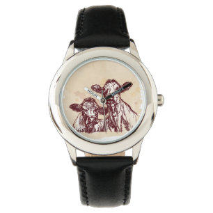 Twee koeien trekken schets en waterverf vintage horloge