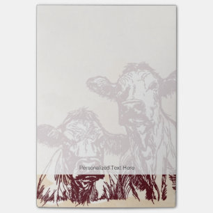 Twee koeien trekken schets en waterverf vintage post-it® notes