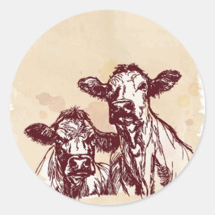 Twee koeien trekken schets en waterverf vintage ronde sticker