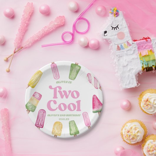 Twee Koele Roze Retro Popsicle 2e Verjaardagsfeest Papieren Bordje (Feest)