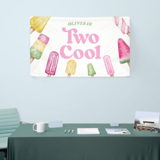 Twee Koele Roze Retro Popsicle 2e Verjaardagsfeest Spandoek (Beurs)