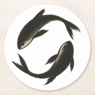 Twee Koi – Inktborstel op vis Ronde Kartonnen Onderzetter