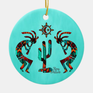 Twee Kokoplelli die de fluit keramische sierbloem Keramisch Ornament