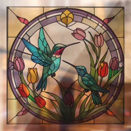 Twee kolibries & tulp Flower Faux Glas in lood Raamsticker (Vel 2)