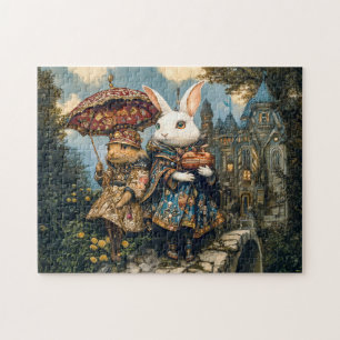Twee konijnen op een kasteelbrug in een fantasiesc legpuzzel