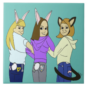 Twee konijntjes en een kat tegeltje
