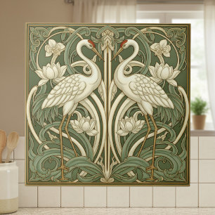 Twee Kraanvogels Art Nouveau Pat#10 Olijf ivoor ID Tegeltje