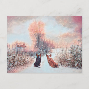 Twee land Welsh Corgis in de sneeuw Briefkaart