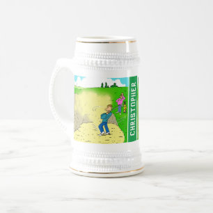 Twee leuke golfcartoons met de naam van de ontvang bierpul