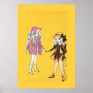 Twee leuke mode meisjes met petten poster