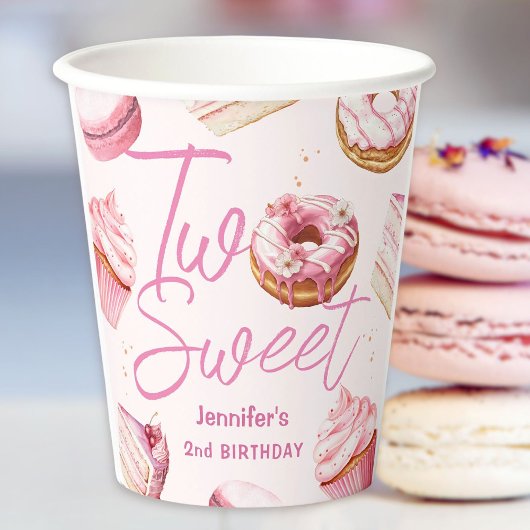 TWEE lieve 2e verjaardag meisjes roze donut papier Papieren Bekers