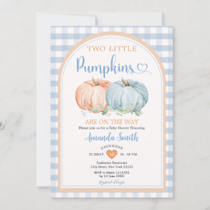 Twee Little Pumpkin Blue Gingham Oranje Baby showe Kaart
