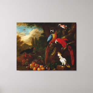 Twee Macaws a Cockato en een Jay met Fruit Canvas Afdruk