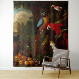 Twee Macaws a Cockato en een Jay met Fruit Wandkleed