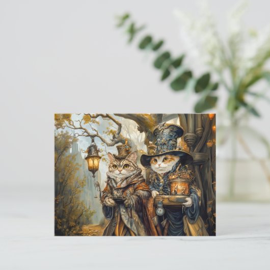 Twee magische katten in een Steampunk Fantasy Scen Briefkaart (Staand voorkant)