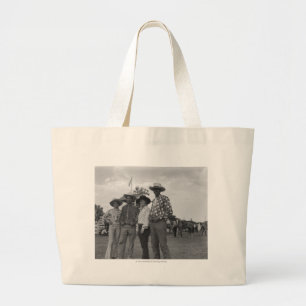 Twee mannen en twee vrouwen op een rodeo grote tote bag