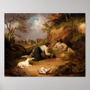 Twee Mannen jaagende konijnen met hun hond Poster