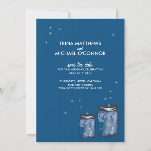 Twee Mason Jars & Fireflies sparen de Datum Save The Date (Voorkant)