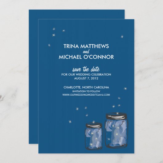 Twee Mason Jars & Fireflies sparen de Datum Save The Date (Voorkant / Achterkant)