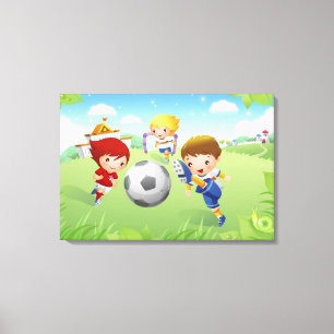 Twee meisjes en een jongen die voetbal speelt canvas afdruk