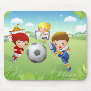 Twee meisjes en een jongen die voetbal speelt muismat