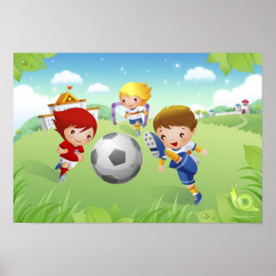 Twee meisjes en een jongen die voetbal speelt poster