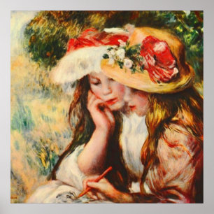 Twee meisjes lezen in een tuinrenoir Fine Art Poster