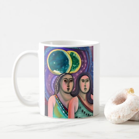 Twee meisjes onder de manen koffiemok (Met donut)