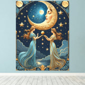 Twee meisjes schilderen magie met een maan canvas afdruk (Insitu (Houten vloer))