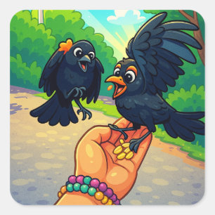 Twee merels voeden zich met hand cartoon vierkante sticker
