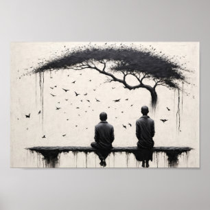 Twee monniken die de schoonheid van boom en vogels poster