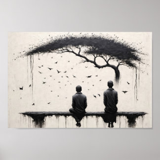 Twee monniken die de schoonheid van boom en vogels poster