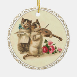 Twee muzikale Kittens Zing en Spel Violin Keramisch Ornament