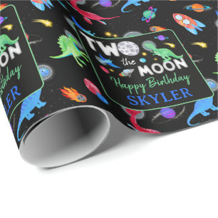 Twee naar de maan dinosaurus astronaut 2e verjaard cadeaupapier