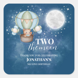 Twee naar de Maan Jongen Beer Ballon 2e Verjaardag Vierkante Sticker