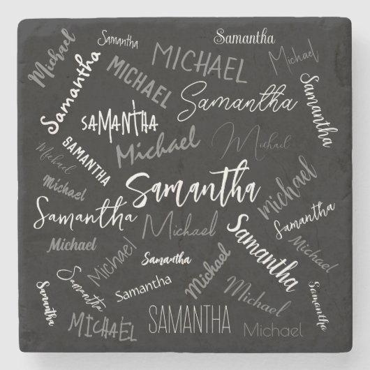 Twee namen koppel monogram zwart grijs wit stenen onderzetter (Voorkant)
