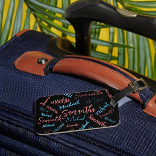 Twee namen stellen zich op monogram blauw lichtroz bagagelabel