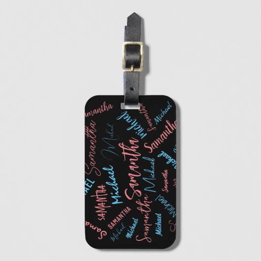 Twee namen stellen zich op monogram blauw lichtroz bagagelabel (Voorkant (verticaal))