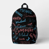 Twee namen stellen zich op monogram blauw lichtroz bedrukte rugzak (Voorkant)