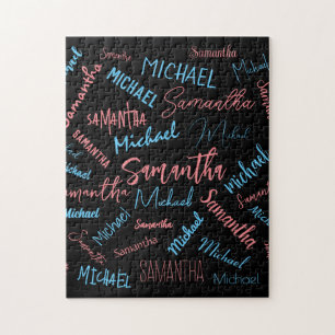 Twee namen stellen zich op monogram blauw lichtroz legpuzzel