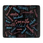 Twee namen stellen zich op monogram blauw lichtroz snijplank (Voorkant)