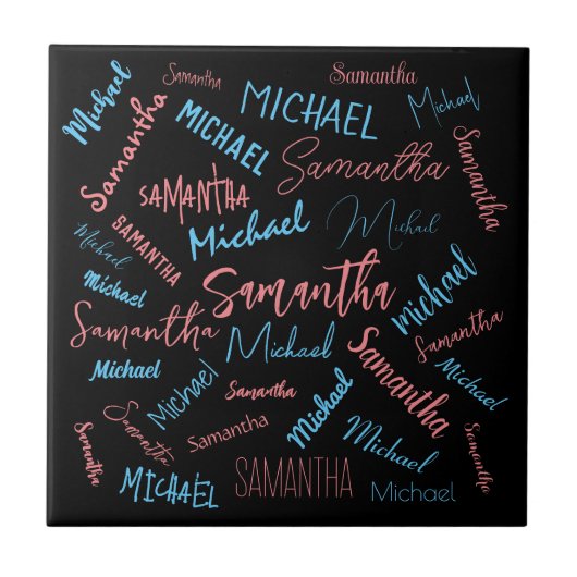 Twee namen stellen zich op monogram blauw lichtroz tegeltje (Voorkant)