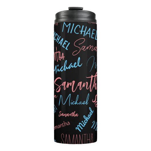 Twee namen stellen zich op monogram blauw lichtroz thermosbeker (Voorkant)