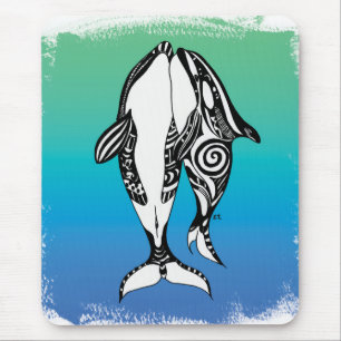 Twee Orca walvissen Blauwgroen blauw geborsteld st Muismat