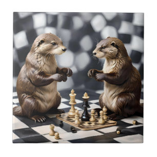 Twee otters die schaken, tegeltje